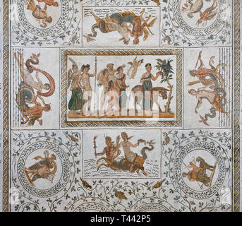 Photo d'une conception mosaïque romaine représentant des scènes de la vie de Dionysos, à partir de l'ancienne ville romaine de Thysdrus, Chambre des fleurs. La fin de 2e à e Banque D'Images