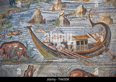 Détail photo d'un bateau sur le Nil depuis le célèbre roman hellénistique paysage Nilotique Palestrina ou Mosaïque Mosaïque du Nil de Palestrina 1er ou 2ème ec Banque D'Images