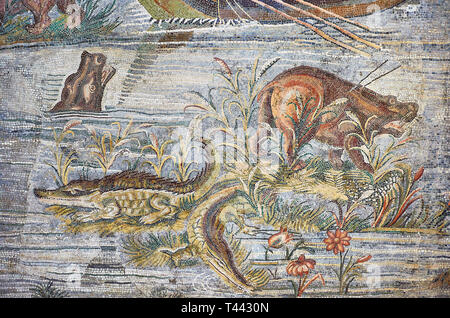 Détail photo d'hippopotames et des crocodiles sur le Nil de la célèbre paysage nilotique hellénistique romaine Roman Mosaïque Mosaïque Palestrina ou Nil , 1re Banque D'Images