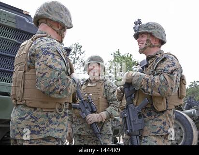 U.S. Marine Brigue. Le général Michael Martin, à gauche, le général commandant la division, 4e Division de marines (4) MarDiv, parle avec des Marines (Inde Batterie, 3e Bataillon, 14e Régiment de Marines (3/14) lors de l'Exercice Rolling Thunder 1-19, Ft. Bragg, N.C., 16 mars 2019. Cette visite a eu lieu pour que les commandants d'observer 4 MarDiv 3/14's programme d'entraînement et de superviser la formation du bataillon en préparation à la mise en place, si nécessaire, à l'appui des opérations de combat du Corps des Marines. Banque D'Images