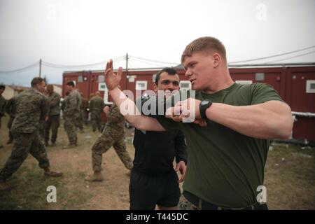 Un U.S. Marine avec des Groupe Force-Crisis Response-Africa air-sol marin 19.1, Forces maritimes de l'Europe et l'Afrique, montre militaire Marine Corps techniques Programme d'Arts Martiaux à un soldat de l'armée géorgienne avec l'infanterie du 12e Bataillon pendant 19,1 Platinum Eagle, un exercice d'entraînement multilatéral tenu au secteur d'entraînement Babadag, en Roumanie, le 16 mars 2019. SPMAGTF-CR-AF est déployée pour effectuer d'intervention en cas de crise et le théâtre des opérations de la sécurité en Afrique et de promouvoir la stabilité régionale en effectuant des exercices de formation militaire dans toute l'Europe et l'Afrique. Banque D'Images