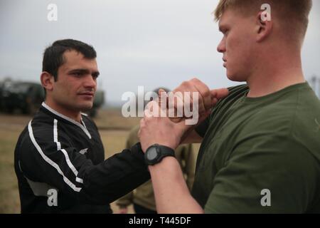 Un U.S. Marine avec des Groupe Force-Crisis Response-Africa air-sol marin 19.1, Forces maritimes de l'Europe et l'Afrique, montre militaire Marine Corps techniques Programme d'Arts Martiaux à un soldat de l'armée géorgienne avec l'infanterie du 12e Bataillon pendant 19,1 Platinum Eagle, un exercice d'entraînement multilatéral tenu au secteur d'entraînement Babadag, en Roumanie, le 16 mars 2019. SPMAGTF-CR-AF est déployée pour effectuer d'intervention en cas de crise et le théâtre des opérations de la sécurité en Afrique et de promouvoir la stabilité régionale en effectuant des exercices de formation militaire dans toute l'Europe et l'Afrique. Banque D'Images