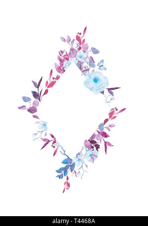 Aquarelle peinte à la couronne de fleurs sur fond blanc.Wreath, floral frame, aquarelle fleurs, pivoines et roses, illustration peinte à la main. Banque D'Images