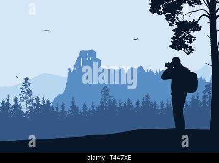 Illustration réaliste avec silhouette de vieilles ruines de château dans paysage de montagnes avec des forêts. Sac à dos avec touristique prend des photos par caméra. Ciel bleu Illustration de Vecteur