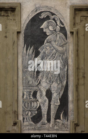 Caius Mucius Scaevola représenté dans le noir et blanc sur les sgraffites Renaissance Chambre à la minute (Dům u minut) à la place de la vieille ville (Staroměstské náměstí) à Prague, République tchèque. Banque D'Images