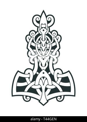Mjollnir Thor's Hammer est une amulette de Vikings. Un symbole de la mythologie scandinave. Tattoo style Viking. Noeuds scandinaves. Illustration de Vecteur