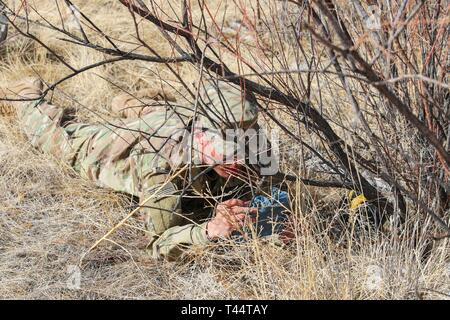 Un soldat de l'Armée américaine affecté à la 52e bataillon du génie de la Brigade d'infanterie, 2e Brigade Combat Team, 4e Division d'infanterie, d'une simulation de lieux mine Claymore, le 21 février 2019, pendant le Sapeur Enjeux sur Fort Carson, Colorado. Banque D'Images