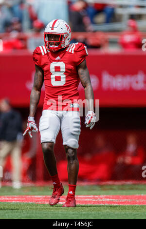 Lincoln, NE. USA. 13 avr, 2019. Deontai Williams # 8 en action pendant la vs rouge blanc de printemps jeu de football au Memorial Stadium de Lincoln, NE.Red a remporté 24-13.Participation : 85 946. Credit : Cal Sport Media/Alamy Live News Banque D'Images