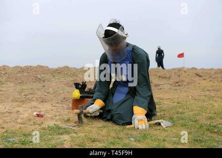 Kandahar, Afghanistan. 13 avr, 2019. Un Afghan de-miner recherche les mines terrestres dans le district de Zhari de la province sud de Kandahar en Afghanistan, le 13 avril 2019. Sanaullah Crédit : Seiam/Xinhua/Alamy Live News Banque D'Images