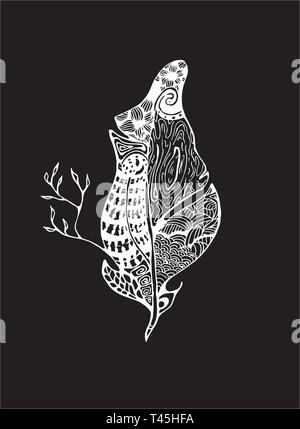 Peinture avec plume stylisée avec des modèles naturels de plumes et de woody. La craie sur un tableau noir. Illustration de Vecteur