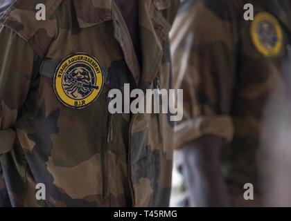 Un bataillon d'intervention rapide (RIB) soldat de l'armée djiboutienne la force militaire d'élite s'établit à l'attention portant un patch qu'il a reçus pendant un cours sur les techniques d'infanterie l'obtention du diplôme de formation à un emplacement près de Djibouti, le 7 mars 2019. Des soldats américains avec 1-141 Infantry Regiment, Groupe de travail d'Alamo, Texas garde nationale, affectés à la Force opérationnelle combinée Force-Horn de l'Afrique, à condition que la formation d'infanterie à la nervure des soldats.