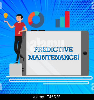 Texte de l'écriture l'Entretien Prédictif. Photo conceptuelle conduit par stratégie de maintenance Predictive Analytics Man Leaning on vide de celui-ci o Banque D'Images