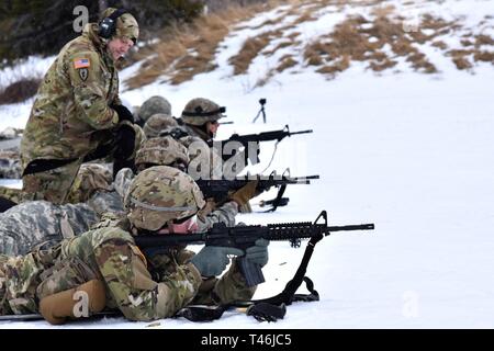 Cours de chefs de temps froid 19-004 étudiants feu de la position ventrale à la guerre dans le nord du centre de formation Site de formation de Black Rapids pendant les 10 kilomètres, 12 mars 2019 biathlon. Le froid des trains Cours de chefs de peloton escouade- et les dirigeants de niveau dans les connaissances et les compétences nécessaires pour mener à bien les opérations de petites unités dans le froid, la neige-couvertes de l'environnement. L'accent est mis sur les effets du froid sur le personnel et le matériel de base, l'utilisation de vêtements pour temps froid et de l'équipement, de l'artisanat champ d'hiver, raquette et technique de ski et d'hiver dans les régions froides ou route de navigation et de pl Banque D'Images