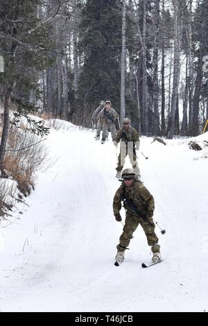 Cours de chefs de 19-004 par temps froid le long du sentier de ski étudiants Hippie après le tirant partie des 10 kilomètres au nord de biathlon Warfare Training Center's Black Rapids Site Formation 12 Mars, 2019. Le froid des trains Cours de chefs de peloton escouade- et les dirigeants de niveau dans les connaissances et les compétences nécessaires pour mener à bien les opérations de petites unités dans le froid, la neige-couvertes de l'environnement. L'accent est mis sur les effets du froid sur le personnel et le matériel de base, l'utilisation de vêtements pour temps froid et de l'équipement, de l'artisanat champ d'hiver, raquette et technique de ski et d'hiver ou les régions froides navigati Banque D'Images