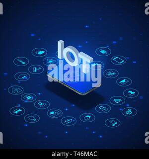 Internet des objets concept. Bannière isométrique de l'ITO. L'écosystème mondial. Suivi et contrôle par smartphone. Vector illustration Illustration de Vecteur