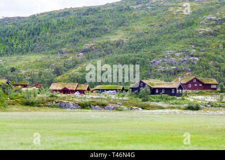 Maison de campagne norvégienne. Vue panoramique de l'été maisons chalet dans village de montagne, la Norvège. Maison avec des toits d'herbe en Norvège. R L'herbe typique norvégien Banque D'Images