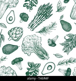 Les légumes vert motif transparent. Hand drawn vector illustration alimentaire. Châssis de légumes style gravé. Botanique rétro bannière. Illustration de Vecteur