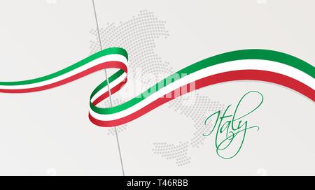 Illustration Vecteur de résumé en pointillés radial carte d'Italie de demi-teintes et ruban ondulé avec des couleurs du drapeau national italien pour votre conception Illustration de Vecteur