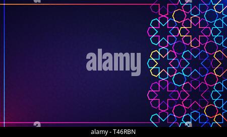 Eid Mubarak, affiche ou bannière conception de cartes de vœux. Illustration Vecteur de résumé fond clair avec néon brillant modèle islamique géométrique Illustration de Vecteur