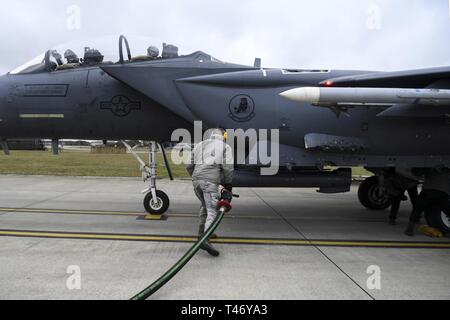 Un 48e Escadron de préparation logistique de distribution de carburants prépare l'opérateur pour raccorder un flexible de carburant d'un F-15E Strike Eagle affecté à la 494e Escadron de chasse de la Royal Air Force Lakenheath, Angleterre, le 12 mars 2019. La 48e rl a intégré un camion de ravitaillement isométrique R-11 dans les opérations de ravitaillement en carburant pour améliorer les capacités de l'escadron. Banque D'Images