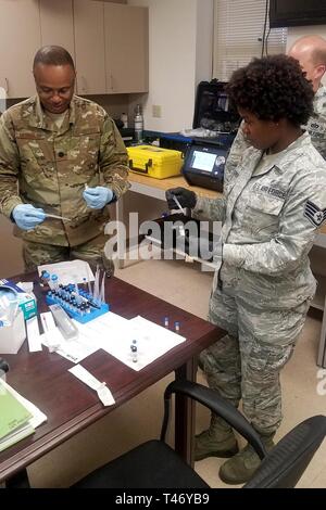 Le Lieutenant-colonel de l'US Air Force James Merriman, un ingénieur bioenvironmental et le sergent. Backmon Kimberly, un technicien bioenvironmental avec le 169e groupe médical à McEntire Joint National Guard Base, Caroline du Sud Air National Guard, forme avec la nouvelle FLIR portable G510 Système de spectrométrie de masse chromatographie en phase gazeuse, 12 mars 2019. L'équipe d'ingénieurs bioenvironmental Swamp Fox a été sélectionné pour tester sur le terrain le matériel le plus récent, qui détecte les dangers chimiques dans les situations d'urgence. Banque D'Images
