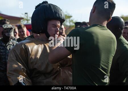 Les Marines américains avec le 1er Bataillon de reconnaissance blindé léger, 1 Division de marines, participer à jour Guerrier au Marine Corps Base Camp Pendleton, en Californie, le 13 mars 2019. Warrior journée est une occasion pour le bataillon de construire la camaraderie entre les entreprises en participant à divers événements. Banque D'Images