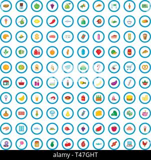 Supermarché 100 icons set, cartoon style Illustration de Vecteur