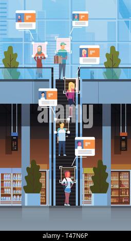 Store visiteurs déménagement escalator escalier concept de reconnaissance faciale identification moderne centre commercial de caméras de surveillance d'intérieur Illustration de Vecteur