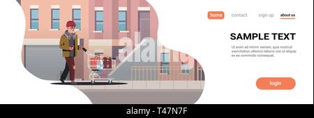 Pauvre homme panier chariot poussant avec effets personnels mendiant guy walking street la mendicité pour aider les sans-abri des bâtiments de la ville moderne concept cityscape background Illustration de Vecteur