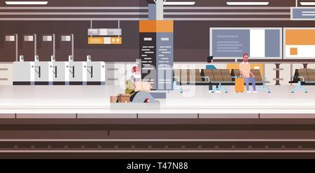 Pauvre homme avec sitting on floor gare la mendicité pour aider mendiant guy holding sign board concept pleine longueur horizontale sans-abri Illustration de Vecteur