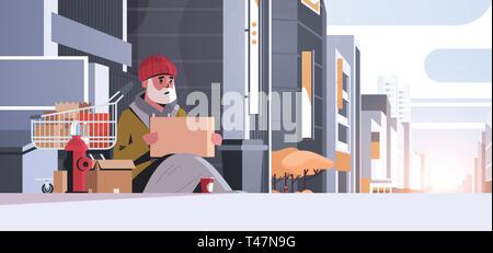 Pauvre homme assis sur le plancher avec la mendicité pour aider mendiant guy holding sign board concept sans-abri de la ville moderne d'extérieur des bâtiments de la rue Sunset cityscape Illustration de Vecteur