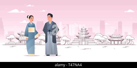 Asian couple portant des vêtements traditionnels homme femme en costume ancien comité permanent des caractères chinois ou japonais sur paysage bâtiments pagode Illustration de Vecteur