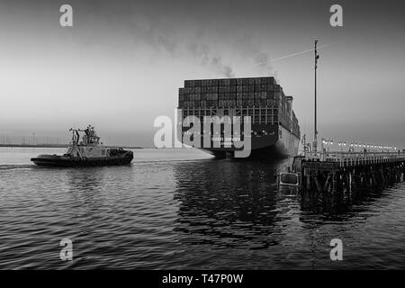Photo en noir et blanc du porte-conteneurs, EVER ENVOY passant devant la station pilote du port alors qu'il quitte le port de Los Angeles, Californie, États-Unis. Banque D'Images