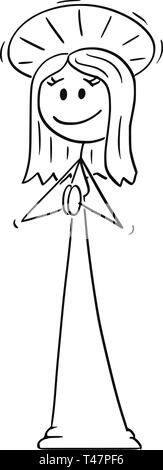Cartoon stick figure dessin illustration conceptuelle de la sainte femme avec un halo autour de la tête en priant avec ses mains. Illustration de Vecteur