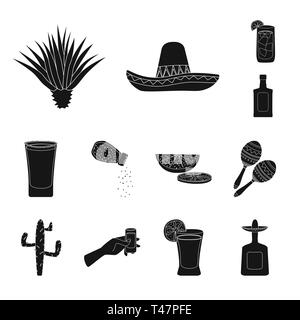 Agave sombrero,cocktail,bouteille,verre,DE,tilleul,,maracas,cactus,plante,mexicain,eau,alcool,sel,vert,instrument,feuilles,espagnol,vodka,coupe,alimentaire,musique,citron cognac, chapeau,claire,pack,coupe,carnaval,national,Mexique,tequila,fajitas fiesta,party,fête,cafe,Latin,set,icône,,illustration,collection,isolé,design,graphisme,élément,signer,Black,de simples vecteurs vecteur , Illustration de Vecteur