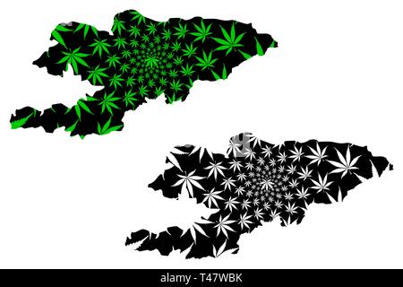 Kirghizistan - carte feuille de cannabis est vert et noir, République du Kirghizistan (Kirghizie) carte de marijuana, THC) feuillage, Illustration de Vecteur