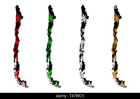 Chili - carte feuille de cannabis est vert et noir, République du Chili carte de marijuana, THC) feuillage, Illustration de Vecteur