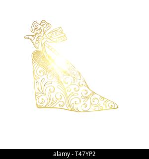 Dame pleine talons ou femme T-strap, chaussures fille. Femelle Golden boot avec motif style doodle, vêtements femmes accessoires ornementaux. Le glamour et le shopping, l'art à la main boutique thème de livre à colorier Illustration de Vecteur