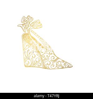 Dame pleine talons ou femme T-strap, chaussures fille. Femelle Golden boot avec motif style doodle, vêtements femmes accessoires ornementaux. Le glamour et le shopping, l'art à la main boutique thème de livre à colorier Illustration de Vecteur