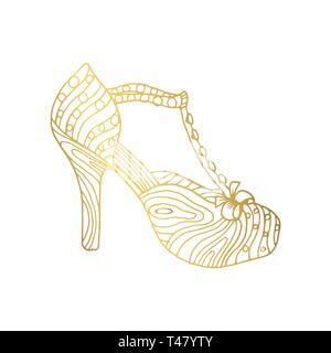 Dame pleine talons ou femme T-strap, chaussures fille. Femelle Golden boot avec motif style doodle, vêtements femmes accessoires ornementaux. Le glamour et le shopping, l'art à la main boutique thème de livre à colorier Illustration de Vecteur