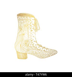 Dame pleine talons ou femme T-strap, chaussures fille. Femelle Golden boot avec motif style doodle, vêtements femmes accessoires ornementaux. Le glamour et le shopping, l'art à la main boutique thème de livre à colorier Illustration de Vecteur