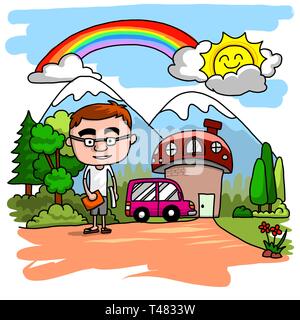 Un homme lunettes holding books in front of house et la nature, le style de dessin Illustration de Vecteur