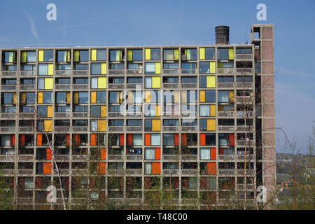 Exterior of modern rénové appartements de Park Hill à Sheffield sur une journée ensoleillée sous le ciel bleu Banque D'Images