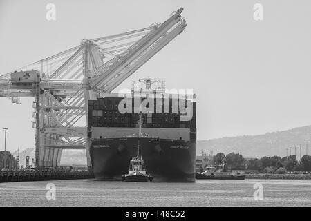 Photo en noir et blanc de la COSCO Shipping Container Ship, COSCO BELGIQUE, au Quai d'amarrage J dans le terminal à conteneurs de Long Beach, Californie, USA. Banque D'Images