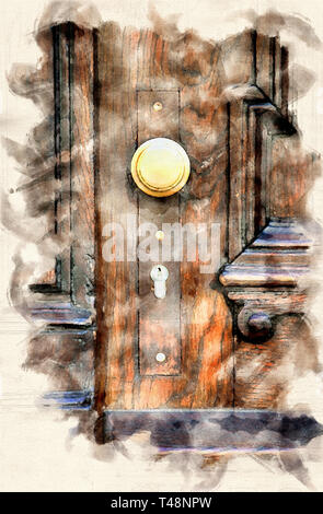 Close-up de la vieille porte en bois avec poignée d'or à l'aquarelle Banque D'Images