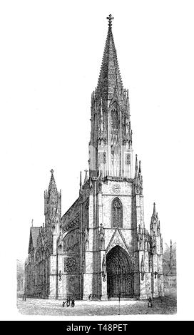 Freiburg Minster, la cathédrale de Fribourg-en-Brisgau, 1889, gravure sur bois historique, Allemagne Banque D'Images
