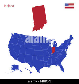 L'état de l'Indiana est surligné en rouge. Carte bleue de l'United States divisé en deux États distincts. Carte de la France divisée en différents états. Banque D'Images