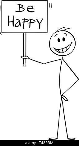 Cartoon stick figure dessin illustration conceptuelle de happy smiling man holding heureux signe. Illustration de Vecteur