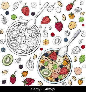 Le noir et blanc et couleur musli avec différents fruits rouges isolé sur fond blanc, vue du dessus. Petit-déjeuner le matin en bonne santé. Illustration de Vecteur