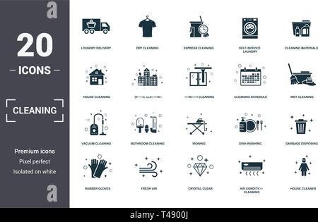 Set de nettoyage collection d'icônes. Comprend des éléments simples tels que la prestation de Blanchisserie, Nettoyage à Sec, Blanchisserie Express, Self-Service, du matériel de nettoyage, bat Illustration de Vecteur